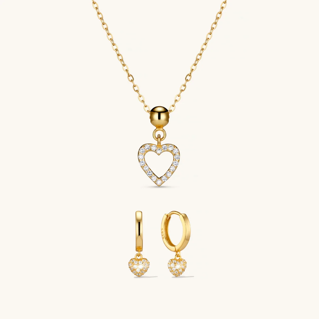 Alma Charm Necklace & Amore Pave Hoops Set Gold
