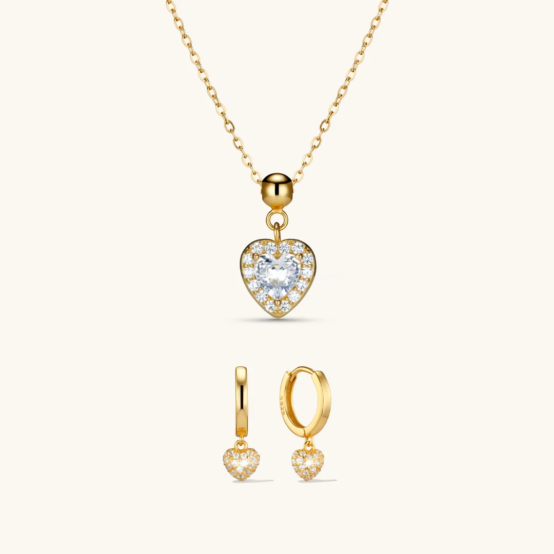 Amore Charm Necklace & Amore Pave Hoops Set Gold