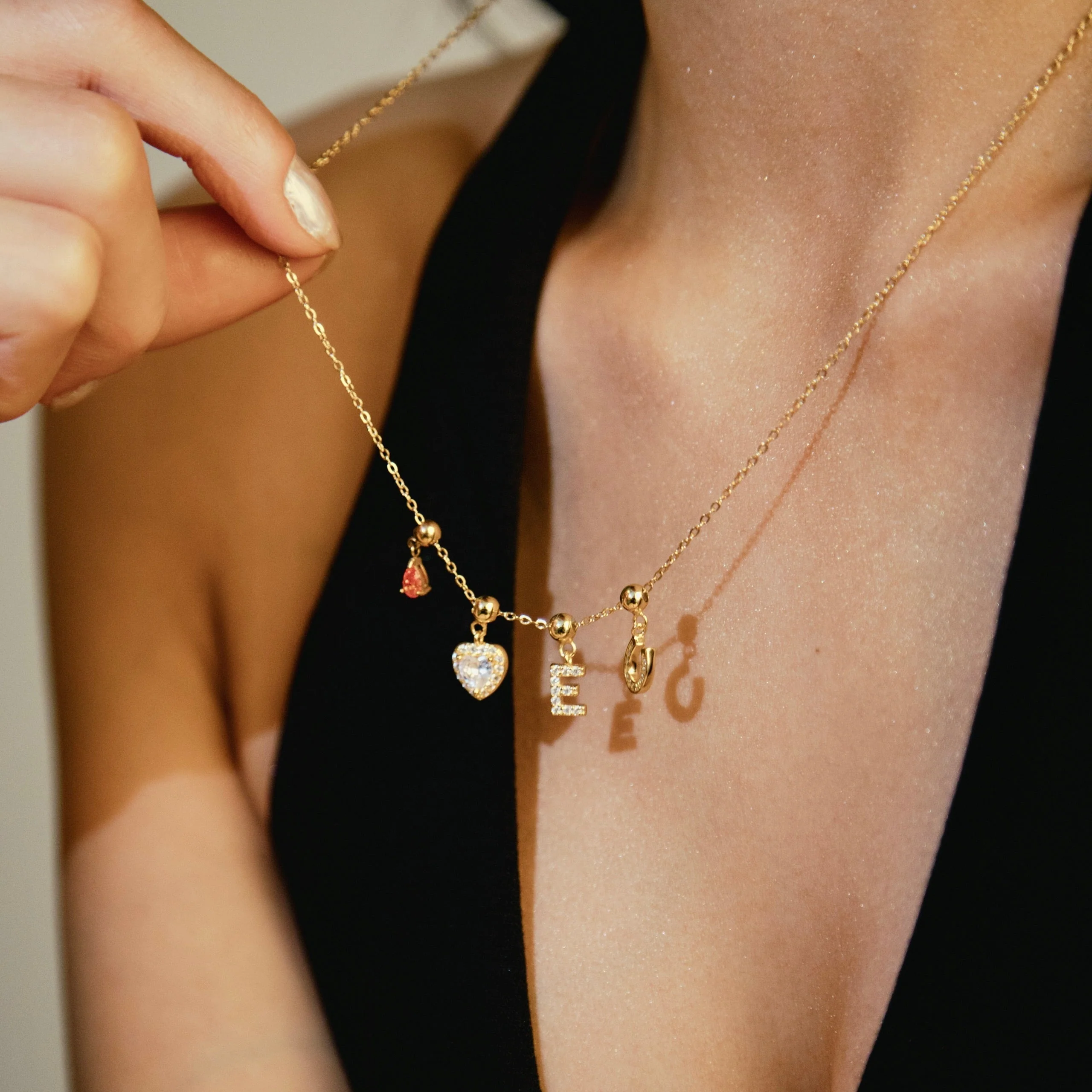 Amore Charm Necklace & Amore Pave Hoops Set Gold - Image 5