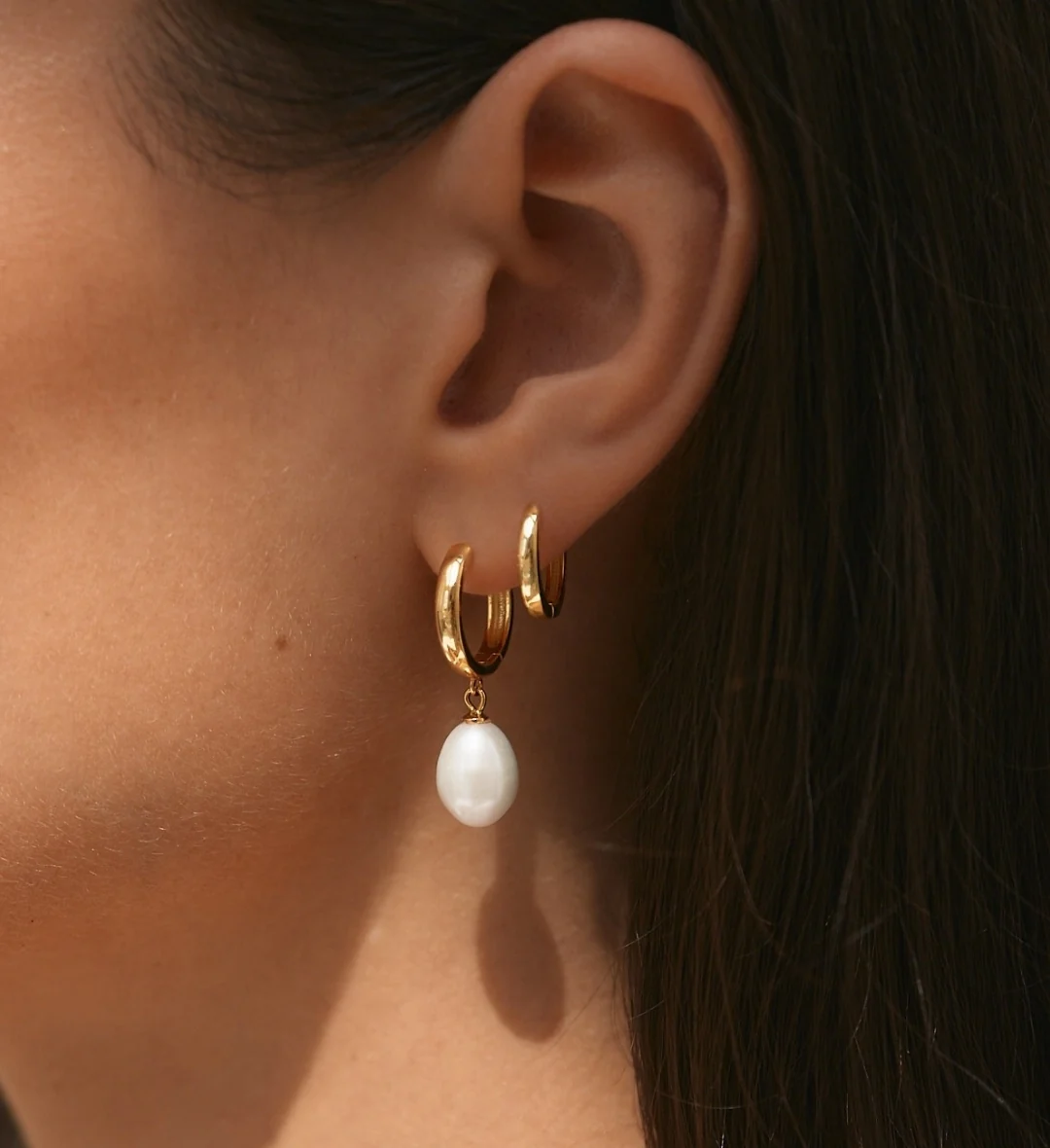 Aura Pearl Earrings & Small Bold Hoops Stacking Set Gold - Image 5