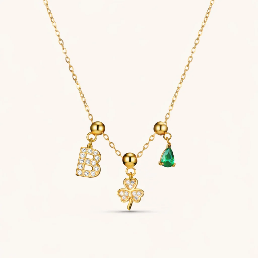 B Lucky Emerald Charm Necklace Gold
