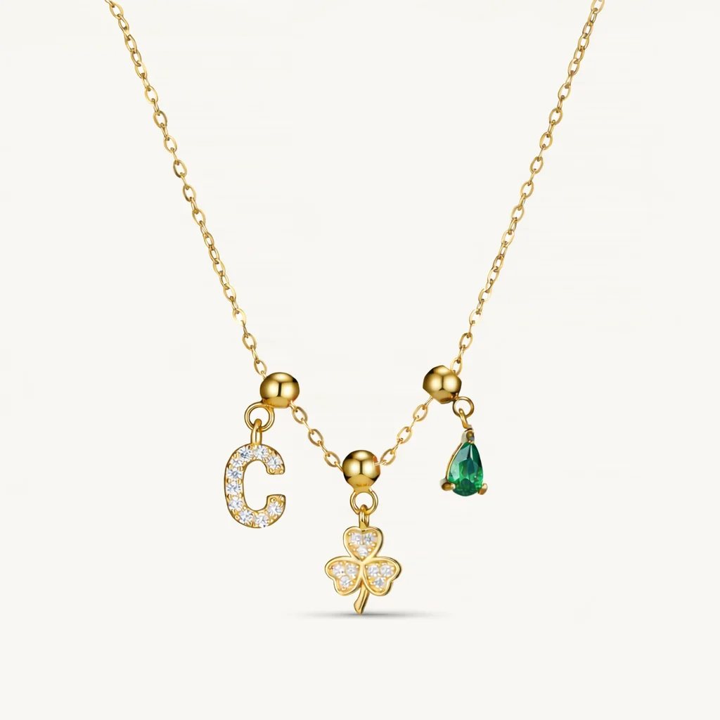 C Lucky Emerald Charm Necklace Gold
