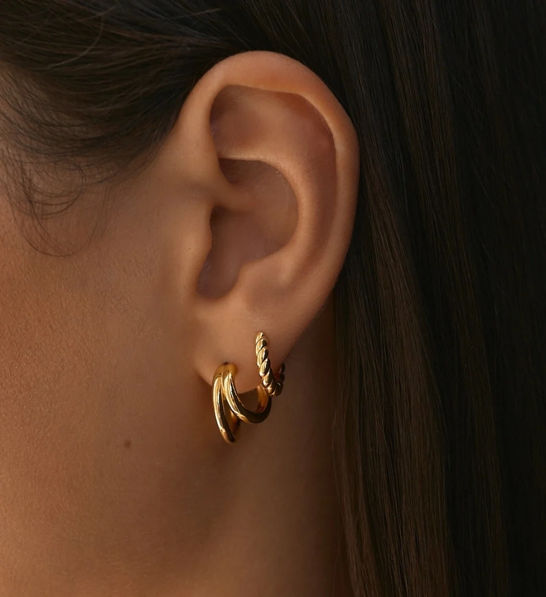 Classic Layered Hoop Earrings Gold & Eternal Rope Hoops Gold Stacking Set - Image 6