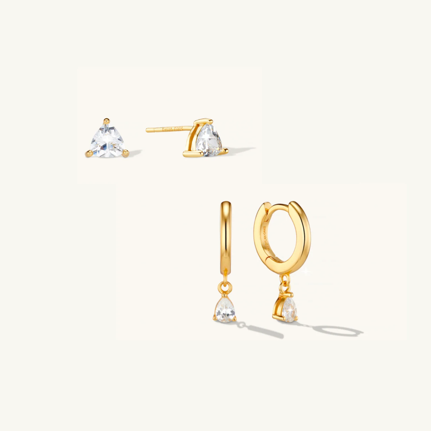 Crystal Drop Hoop Earrings & Diamond Trio Studs Set Gold - Image 2