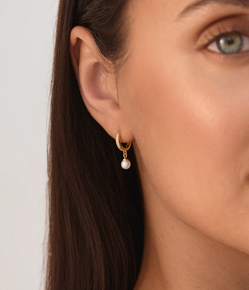 Crystal Pearl Hoop Earrings Gold - Image 8