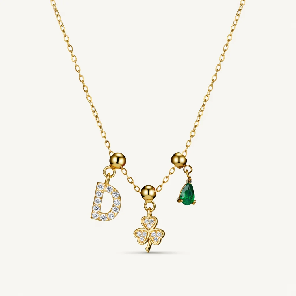 D Lucky Emerald Charm Necklace Gold