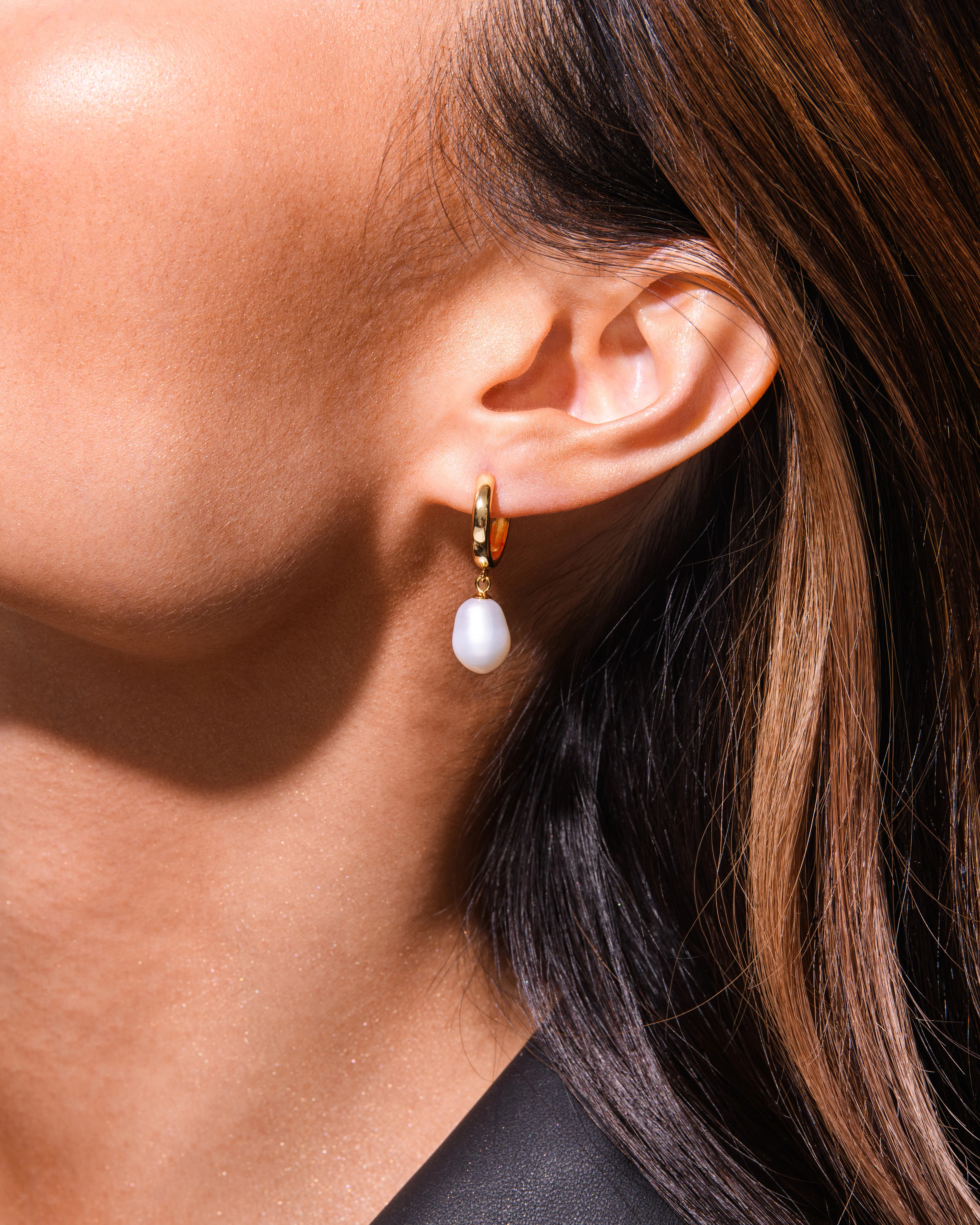 Dome Cuff Bracelet & Aura Pearl Hoop Earrings Matching Set Gold - Image 6