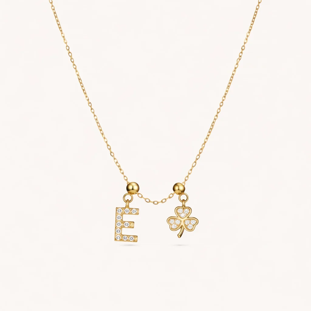 E Lucky Initial Charm Necklace Gold