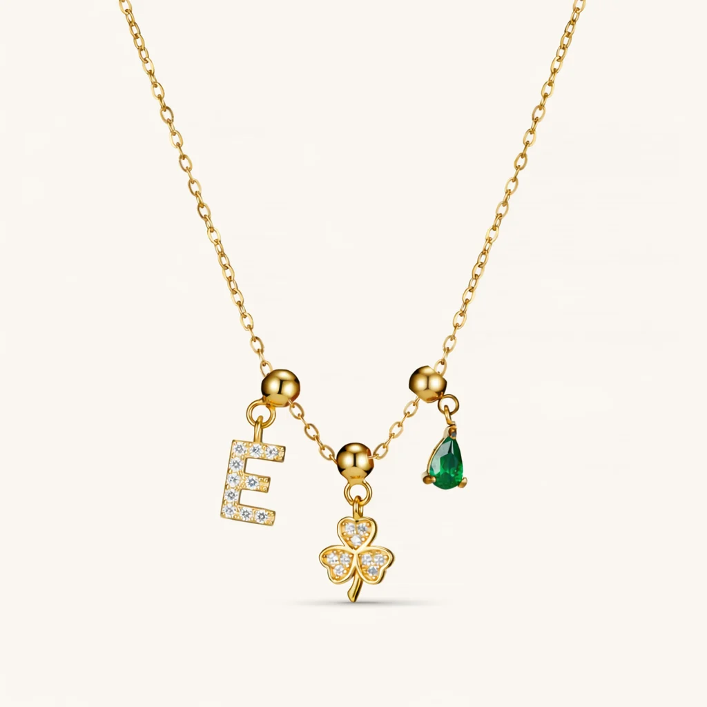 E Lucky Emerald Charm Necklace Gold
