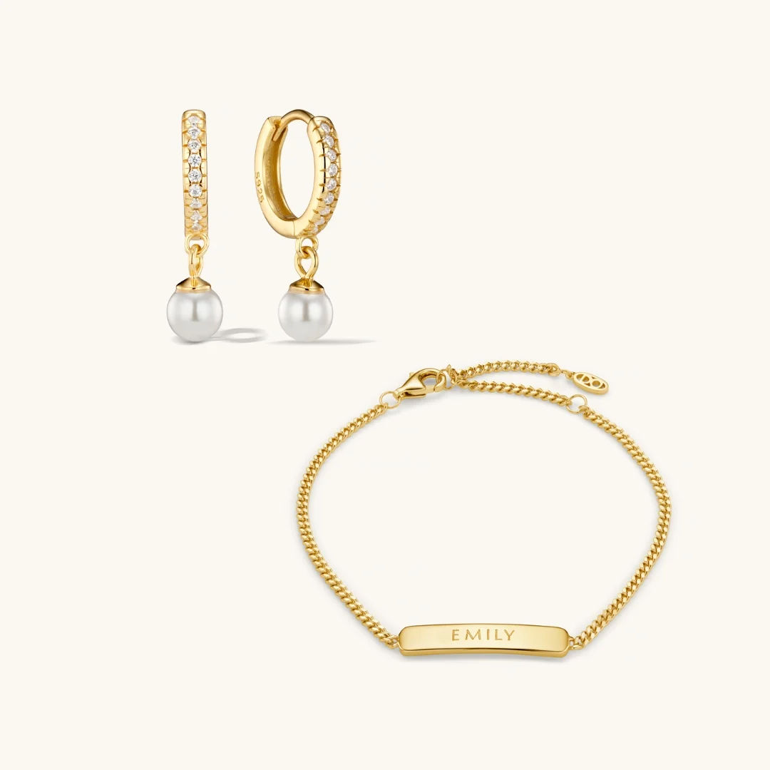 Engraved Bracelet & Crystal Pearl Hoop Earrings Set Gold