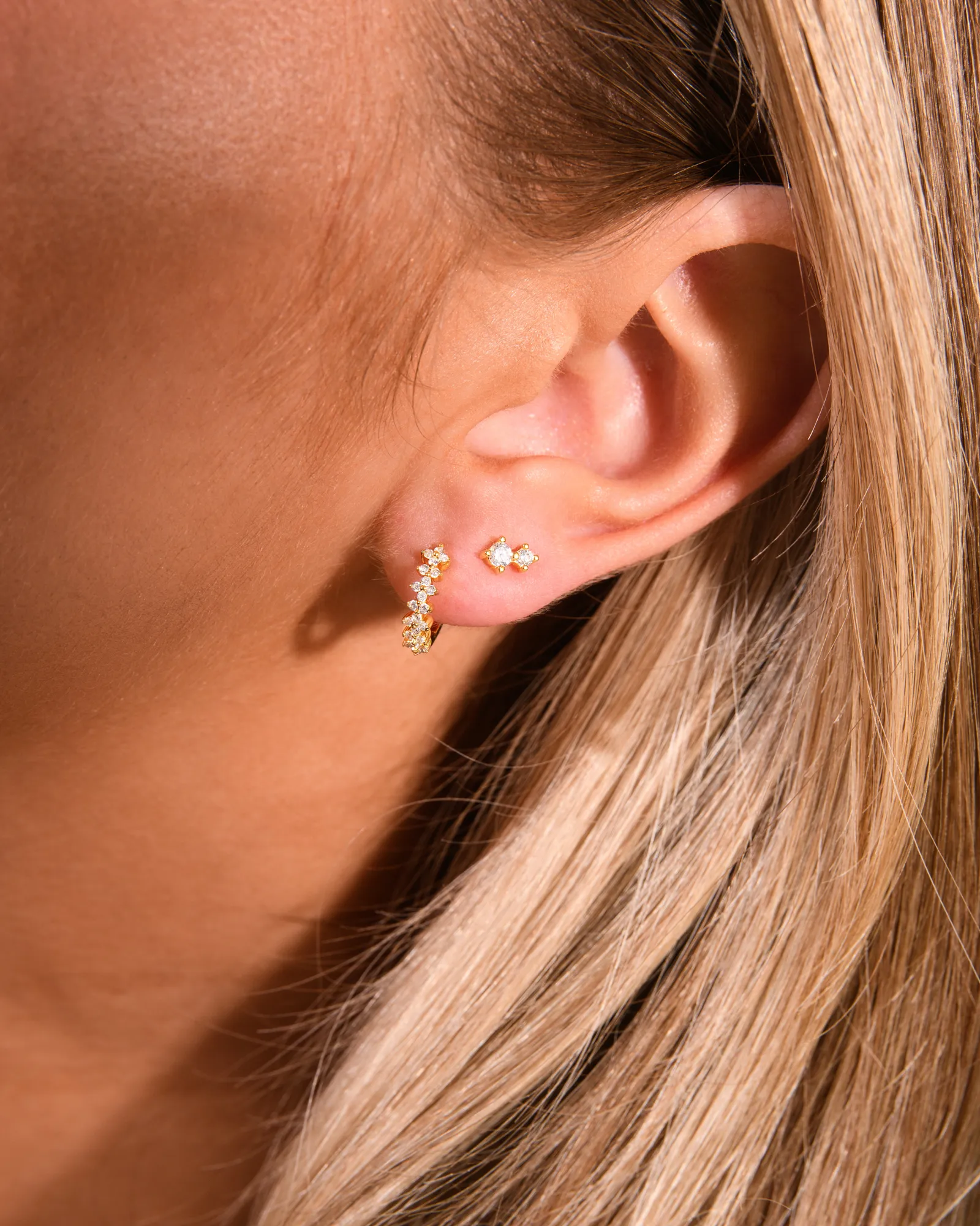 Flora Crystal Hoop Earrings & Duo Climber Studs Set Gold - Image 3