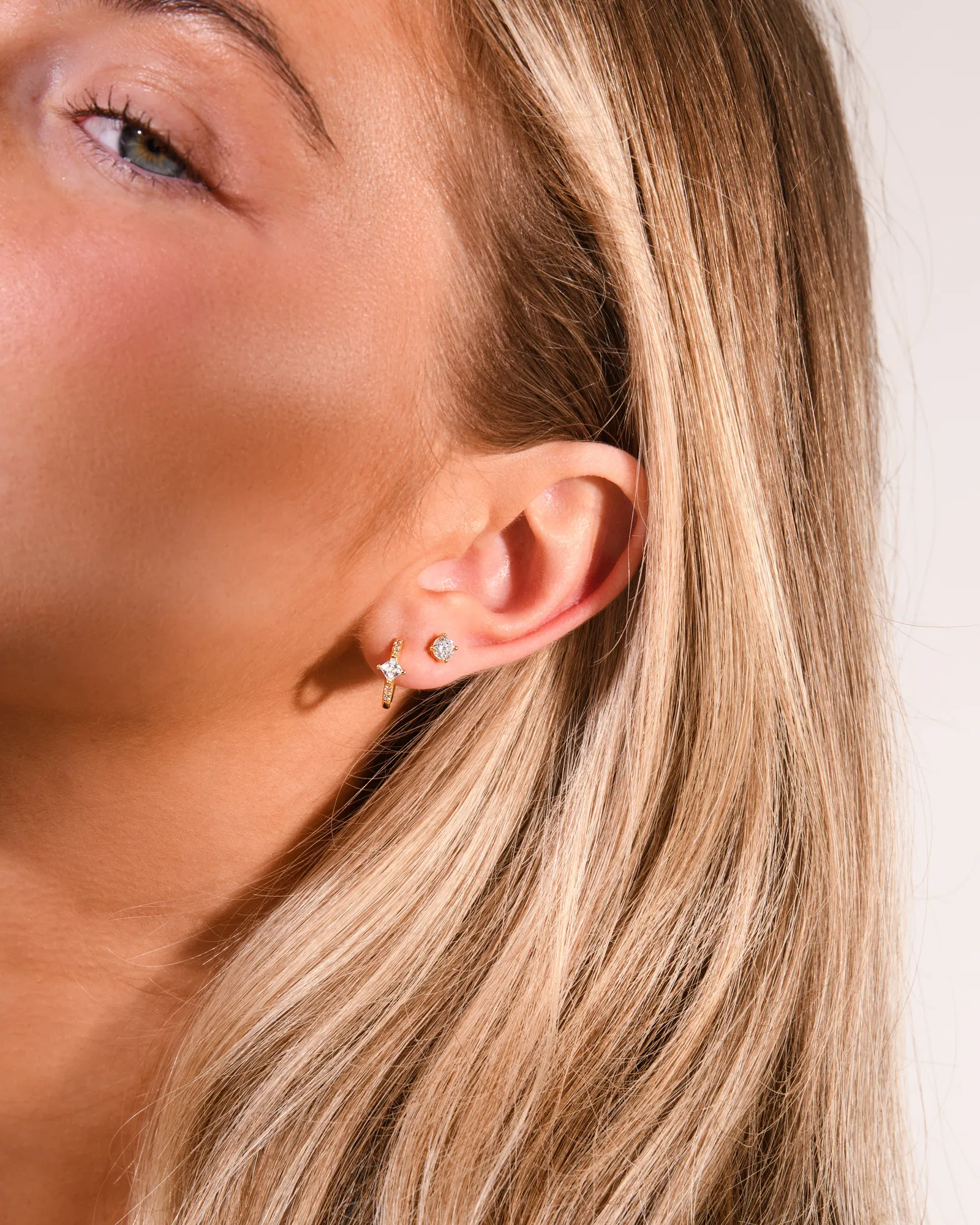 Halo Hoop Earrings & Diamond Studs Set Gold - Image 3