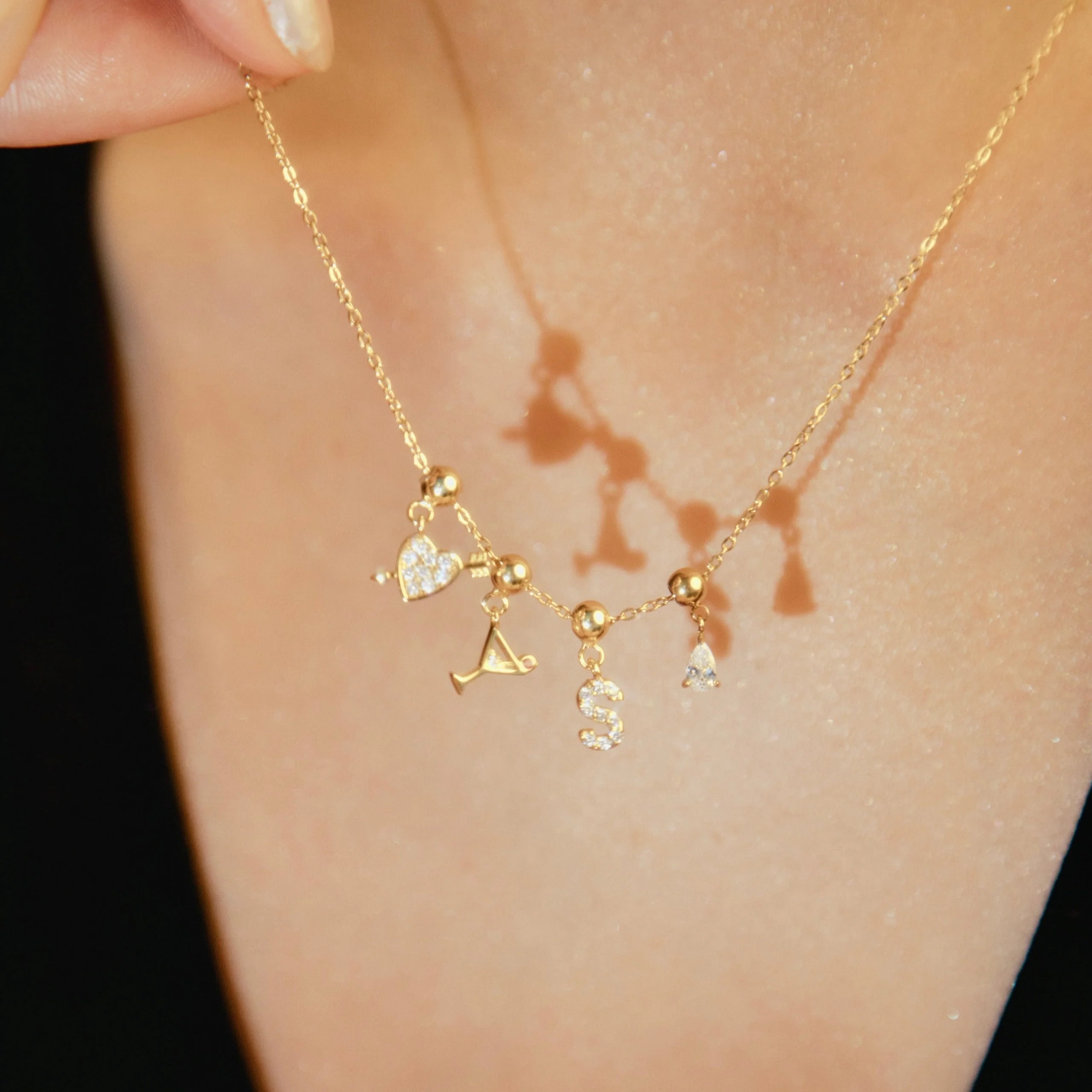 Heart & Arrow Charm Necklace & Heart Drop Studs Set Gold - Image 6