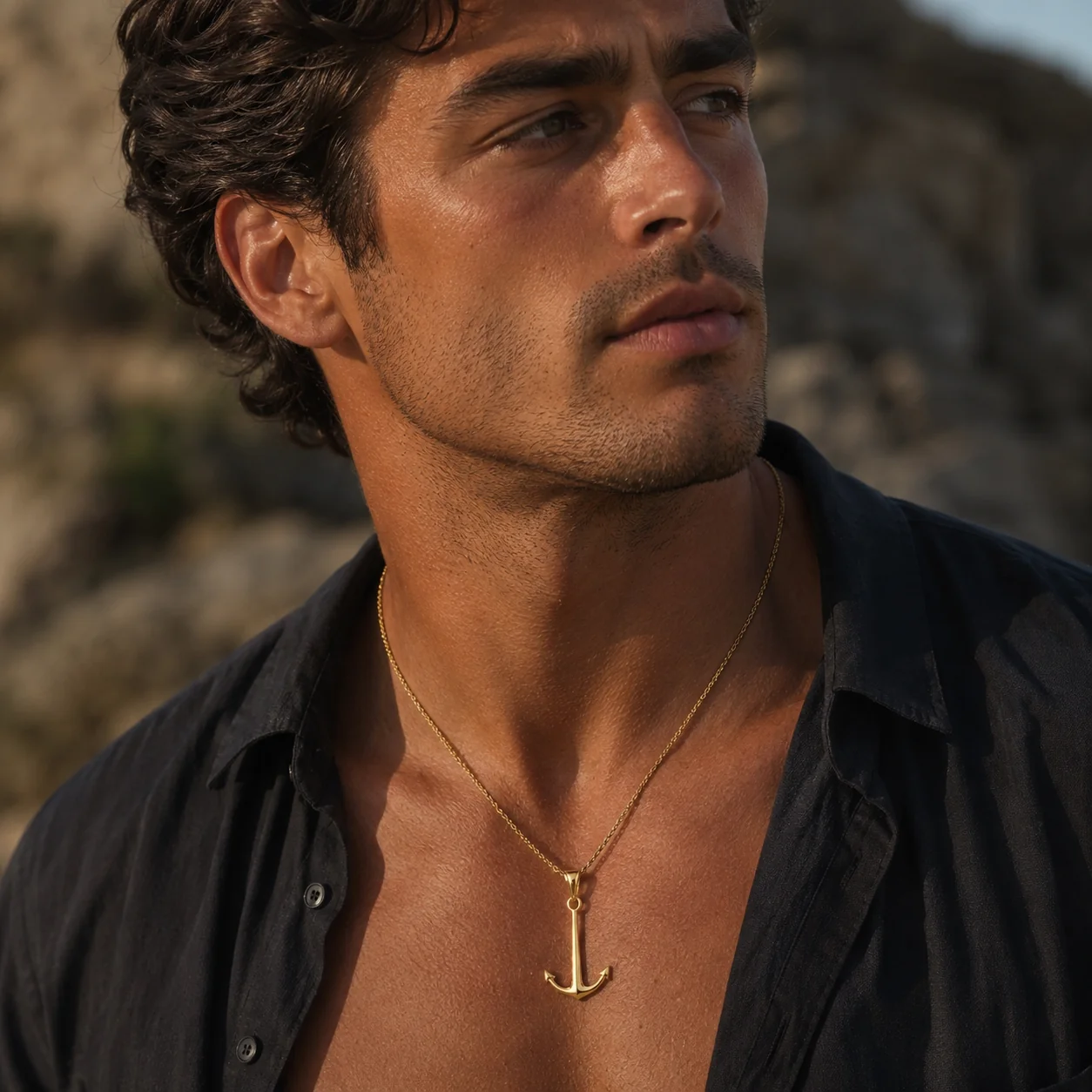 Men's Anchor Chain Necklace & Rope Bracelet Set in Gold - Image 3