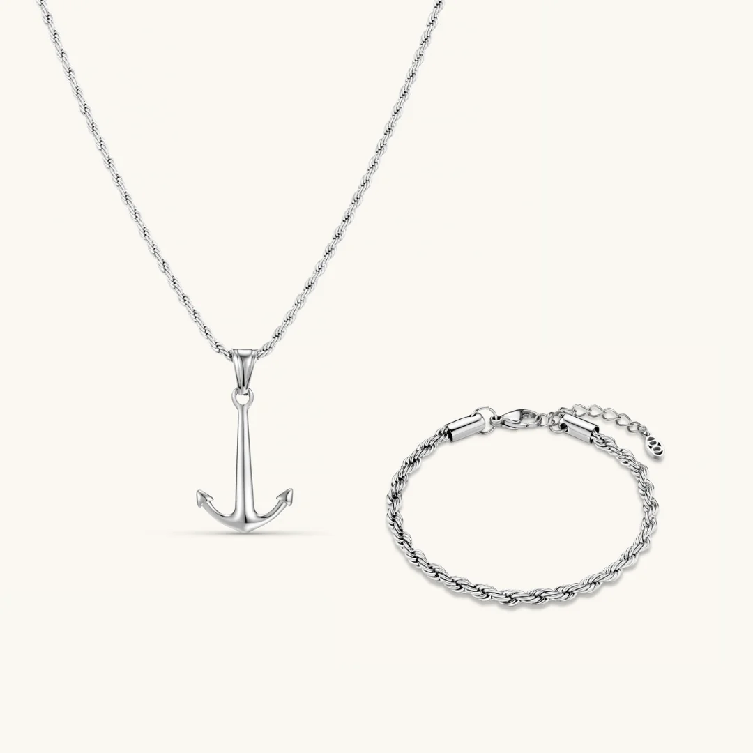 Men's Anchor Chain Necklace & Rope Bracelet Set in Silver