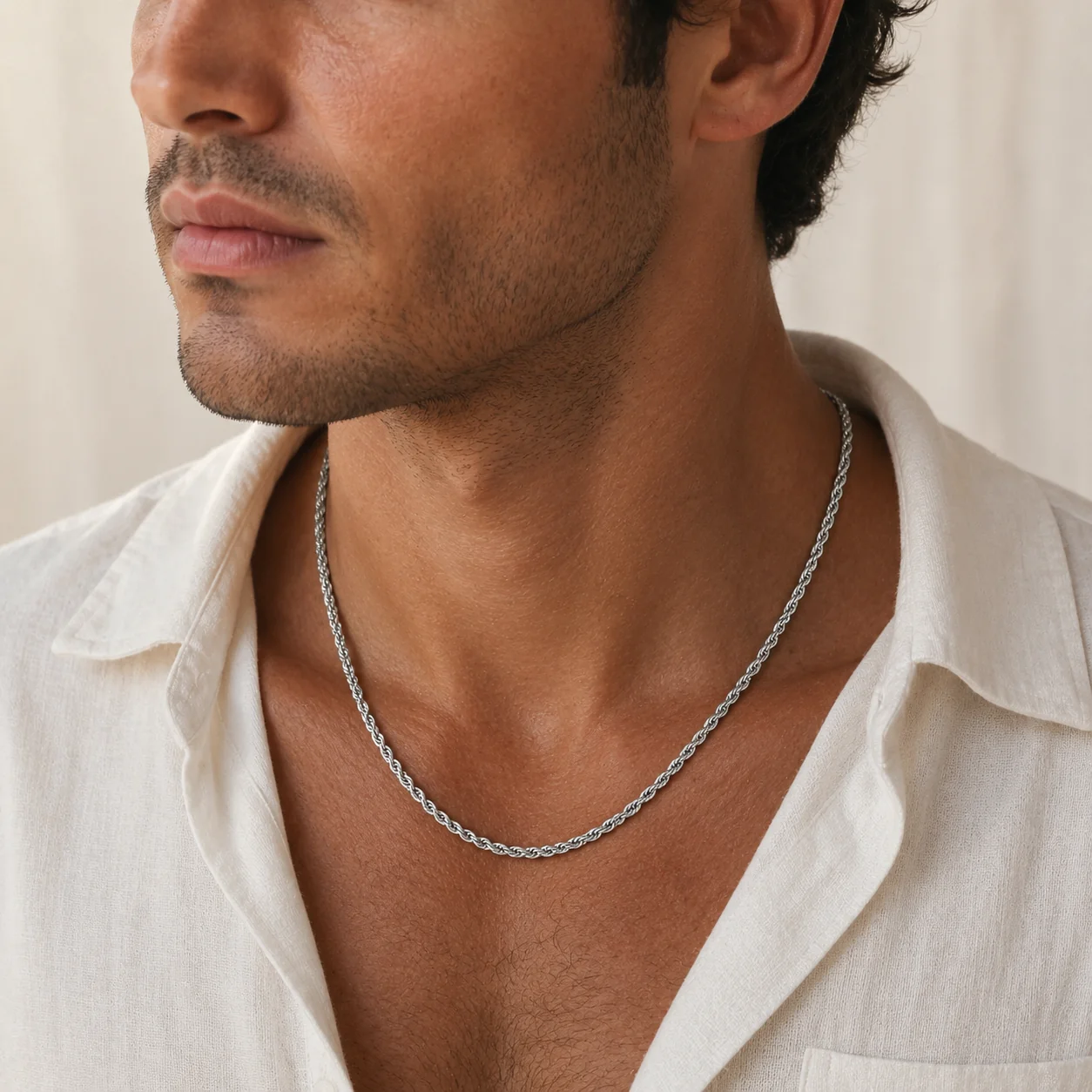 Men's Rope Necklace & Bracelet Set in Silver - Image 3