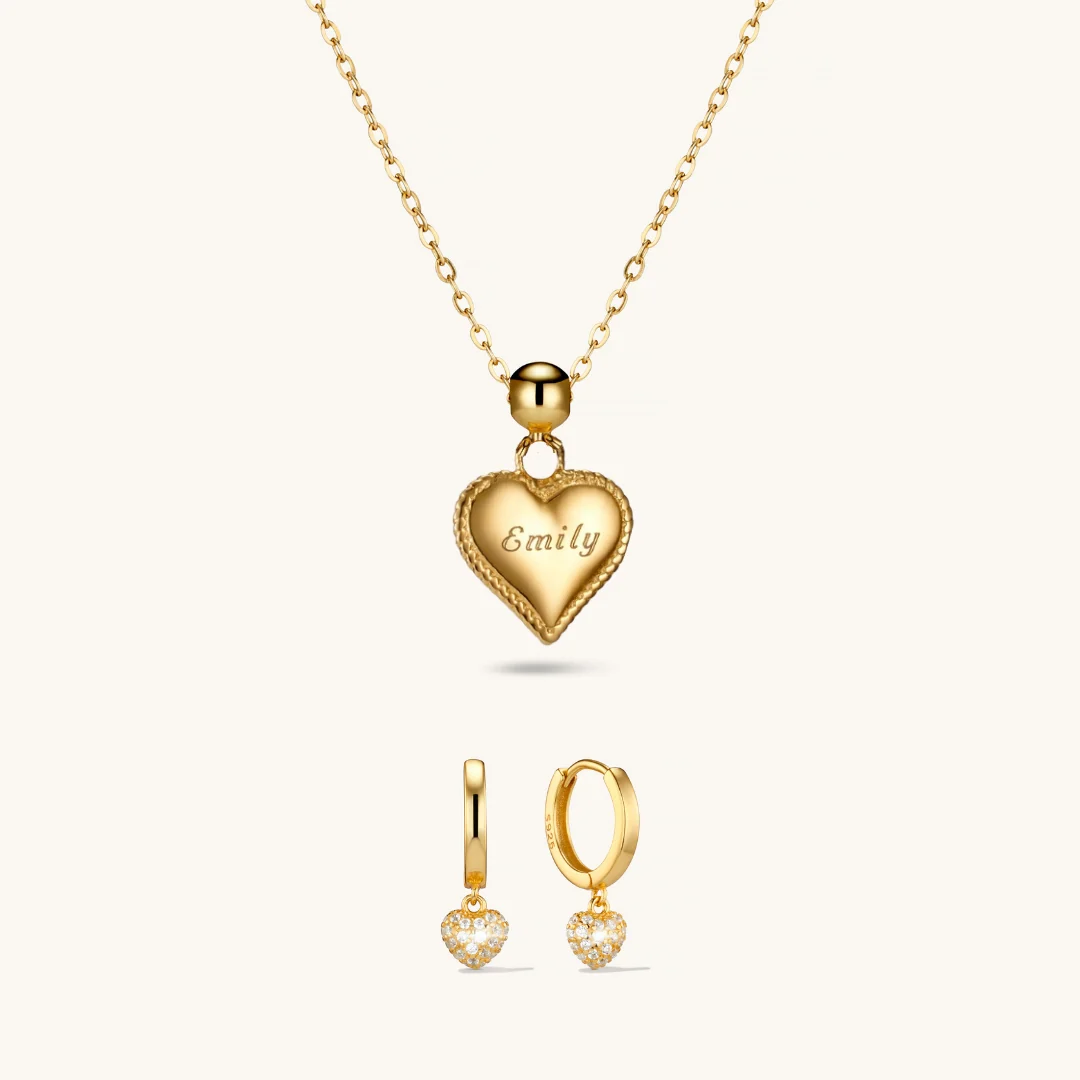 Passion Heart Charm Necklace & Amore Pave Hoops Set Gold
