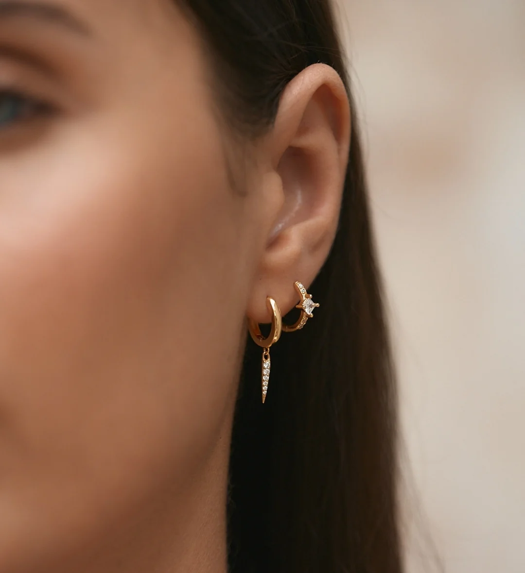Pave Drop Earrings & Halo Hoop Earrings Stacking Set Gold