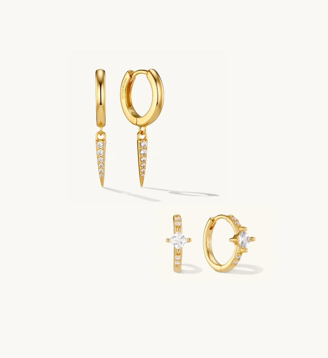 Pave Drop Earrings & Halo Hoop Earrings Stacking Set Gold - Image 2