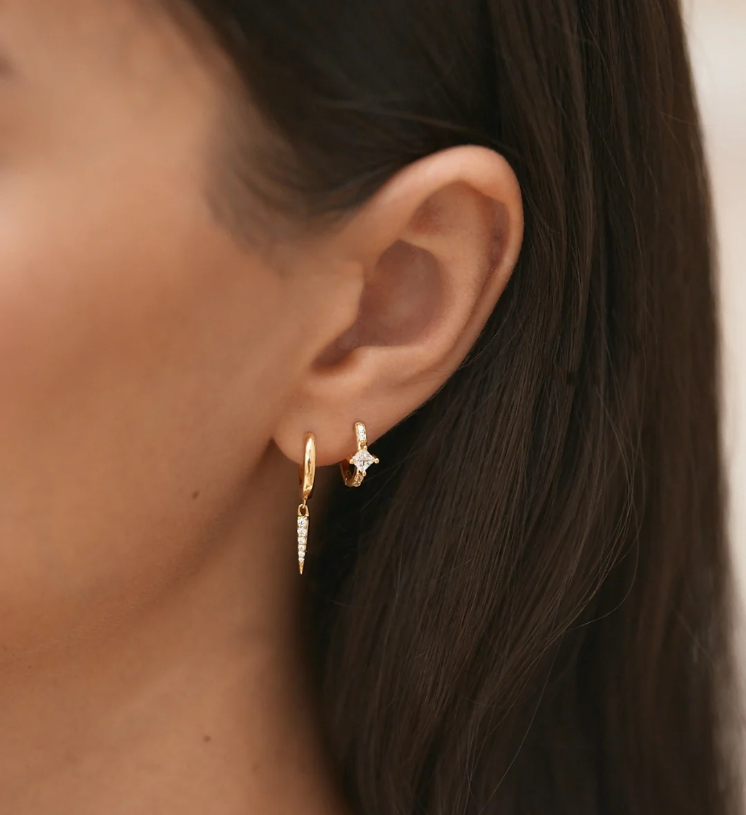 Pave Drop Earrings & Halo Hoop Earrings Stacking Set Gold - Image 6