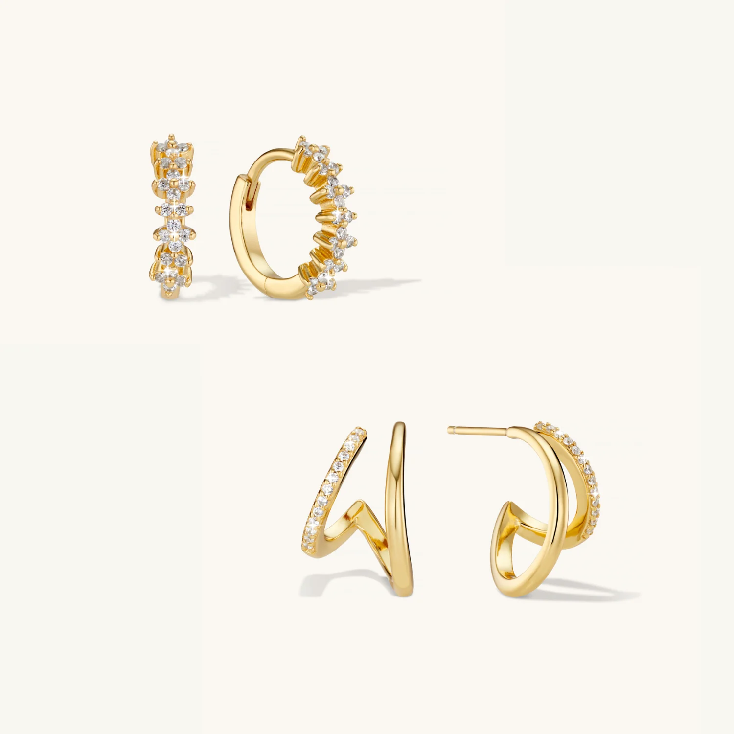 Pavé Layered Hoops & Flora Crystal Hoops Set in Gold - Image 2