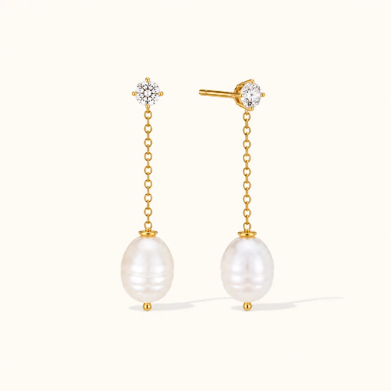 Pearl Chain Drop Stud Earrings Gold - Image 2
