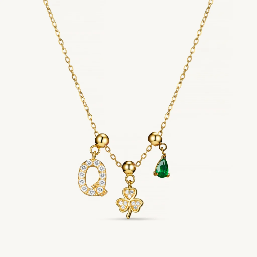 Q Lucky Emerald Charm Necklace Gold