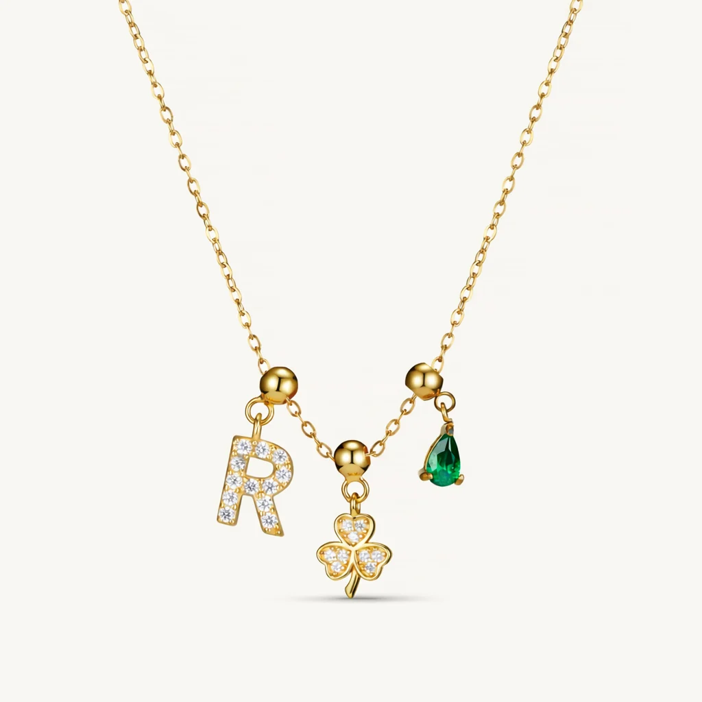 R Lucky Emerald Charm Necklace Gold