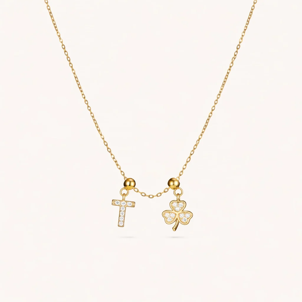 T Lucky Initial Charm Necklace Gold