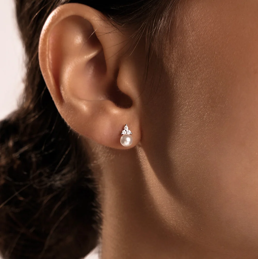 Trinity Pearl Studs in Silver - Image 5