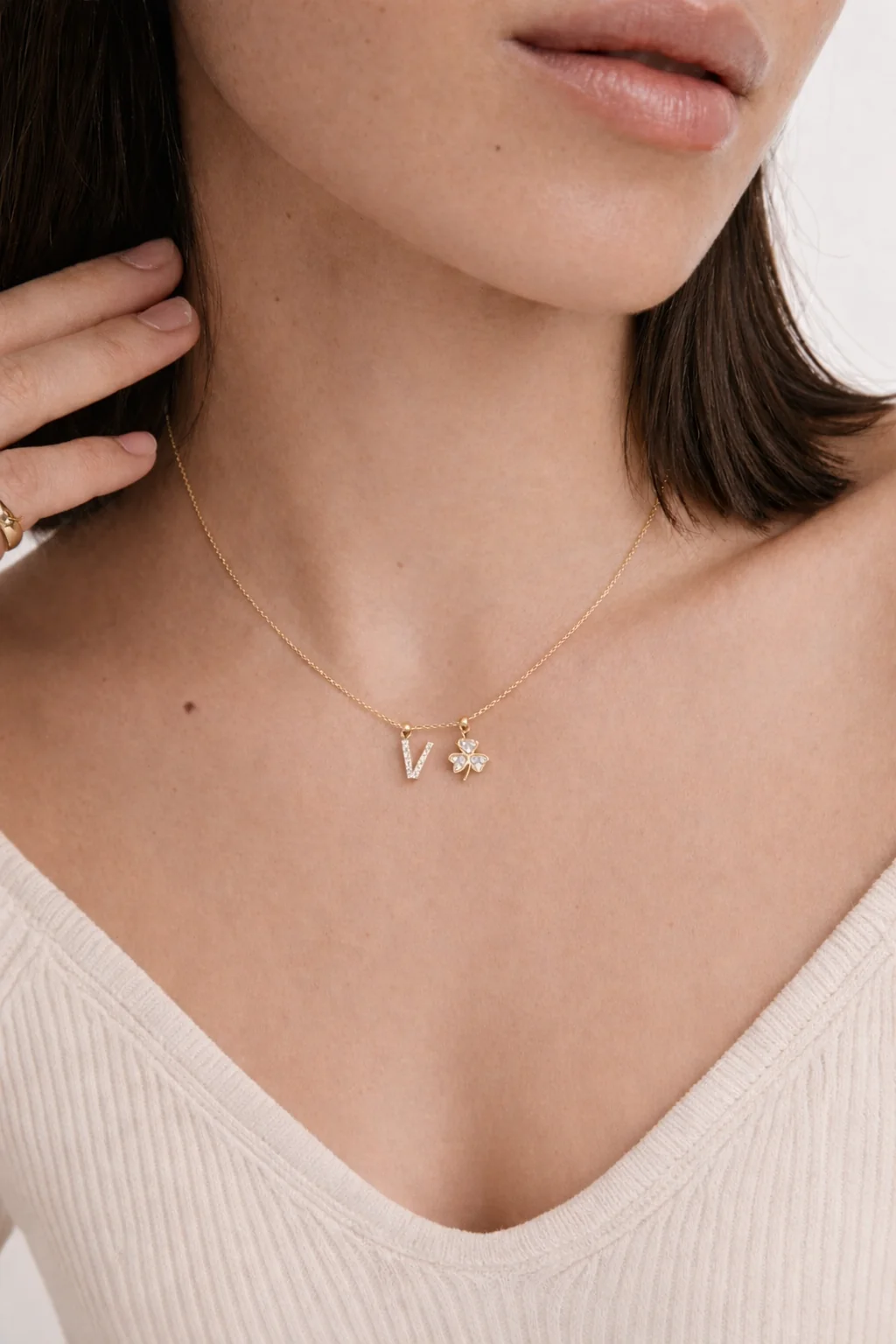 V Lucky Initial Charm Necklace Gold - Image 2