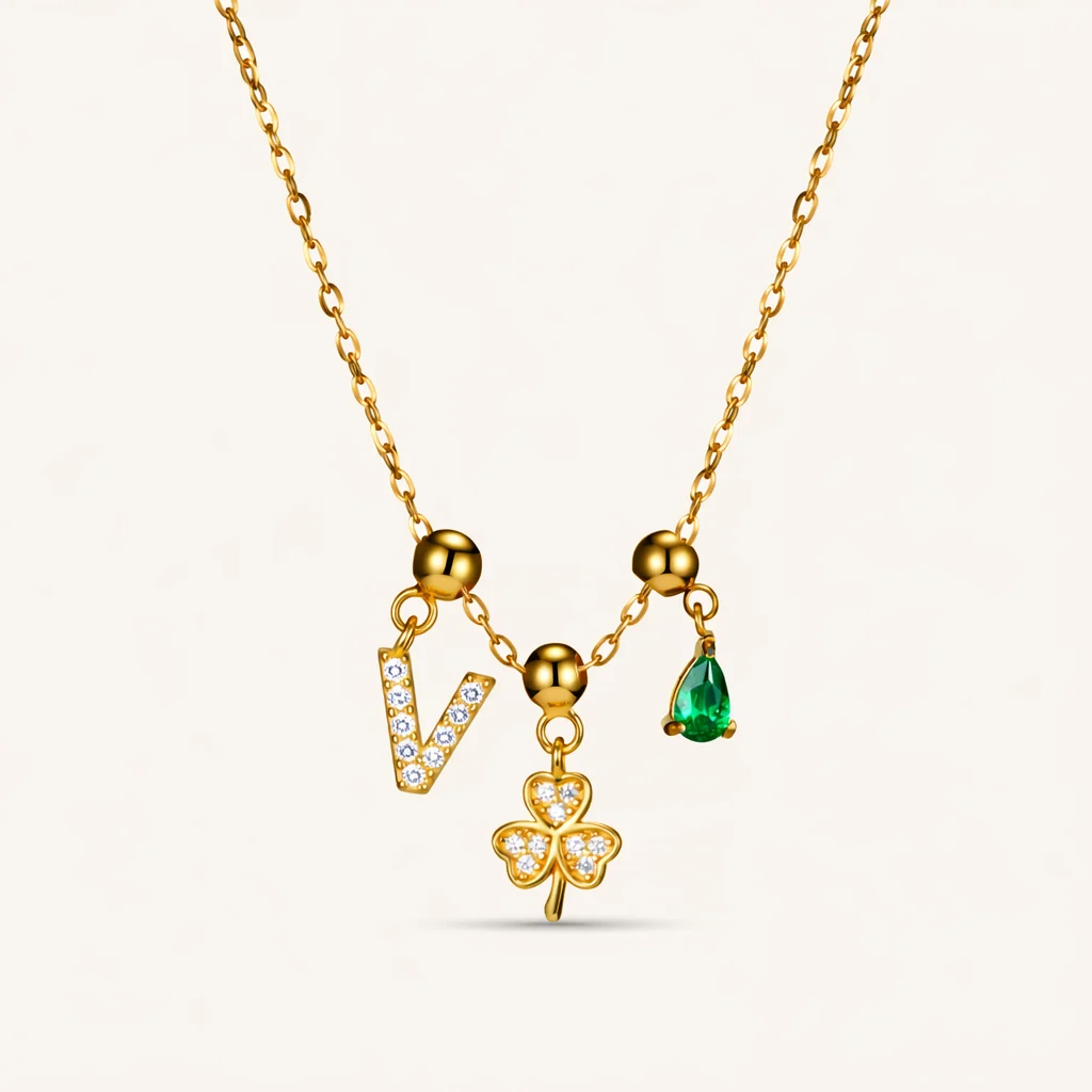 V Lucky Emerald Charm Necklace Gold