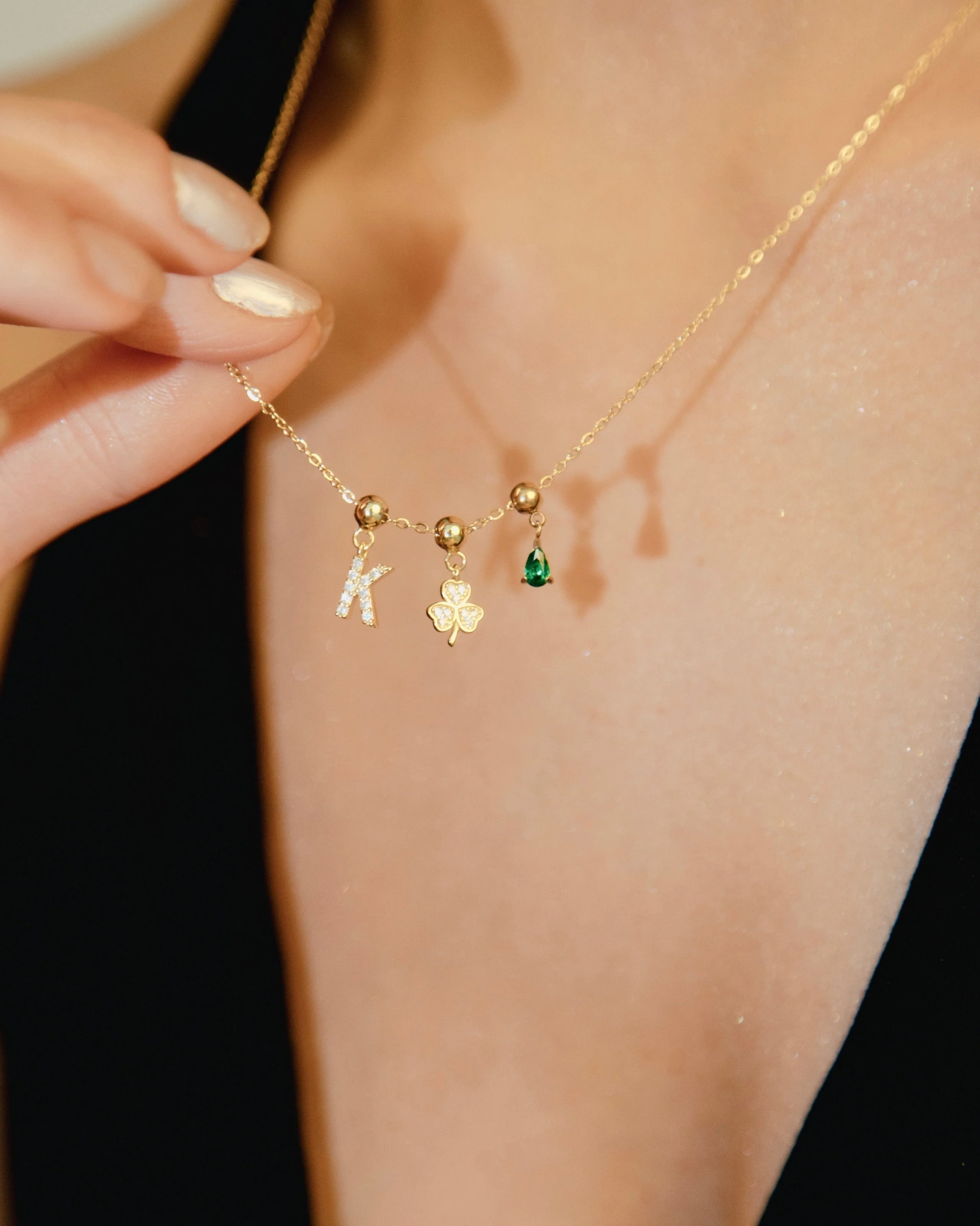 V Lucky Emerald Charm Necklace Gold - Image 3