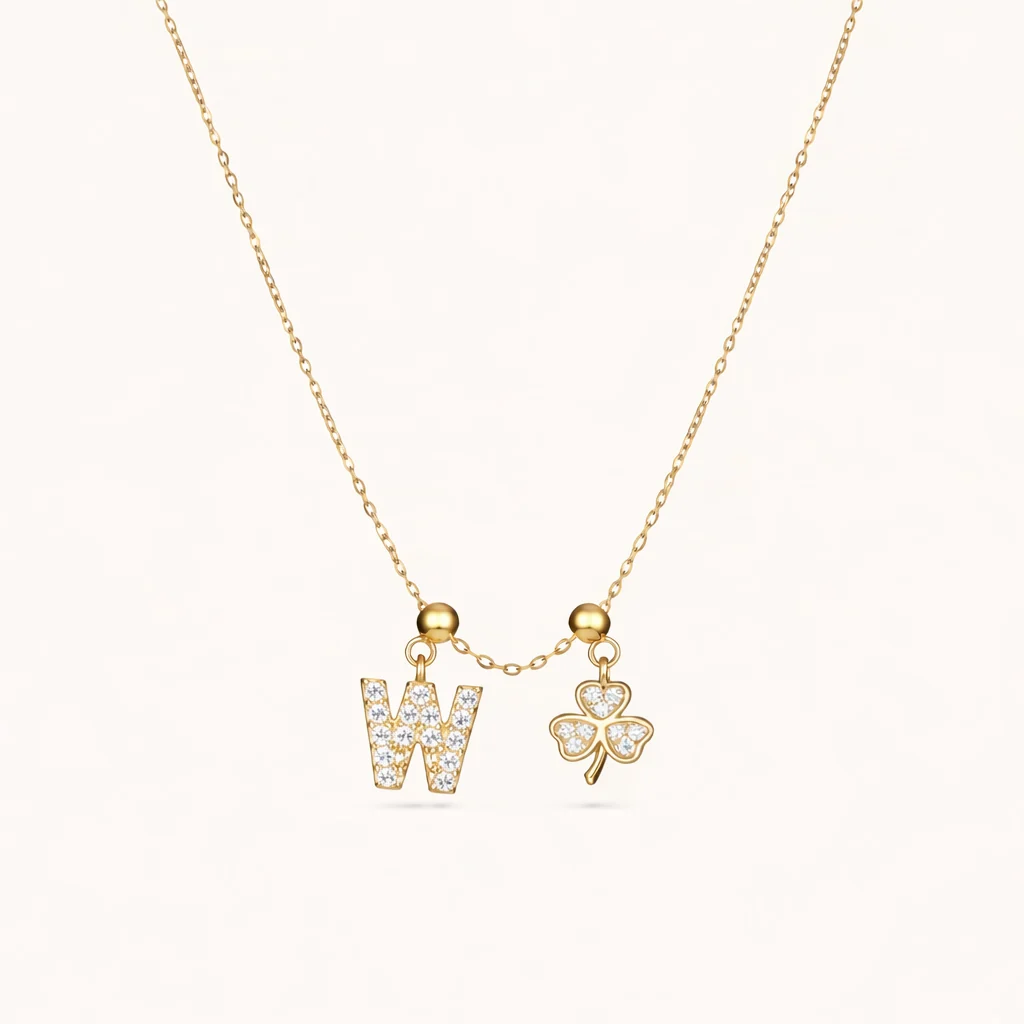 W Lucky Initial Charm Necklace Gold