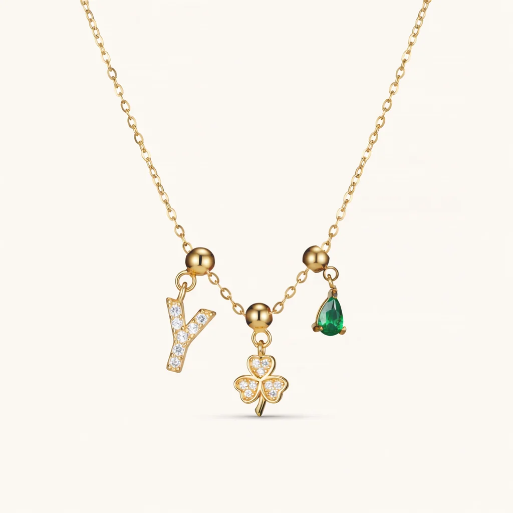 Y Lucky Emerald Charm Necklace Gold